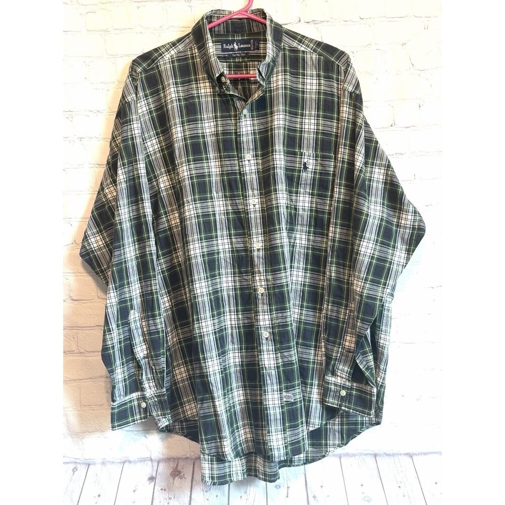 Vintage Ralph Lauren The Big Shirt L Green Blue Plaid LS Button Down Pony 90s